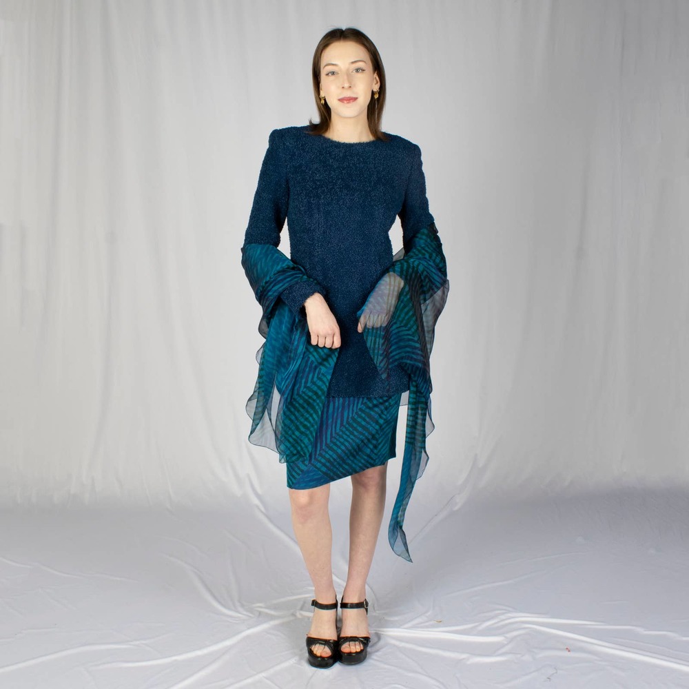 Vintage 90s | Galanos Blue Top and Skirt with Scarf | Bust 34 | VTG Vintage
